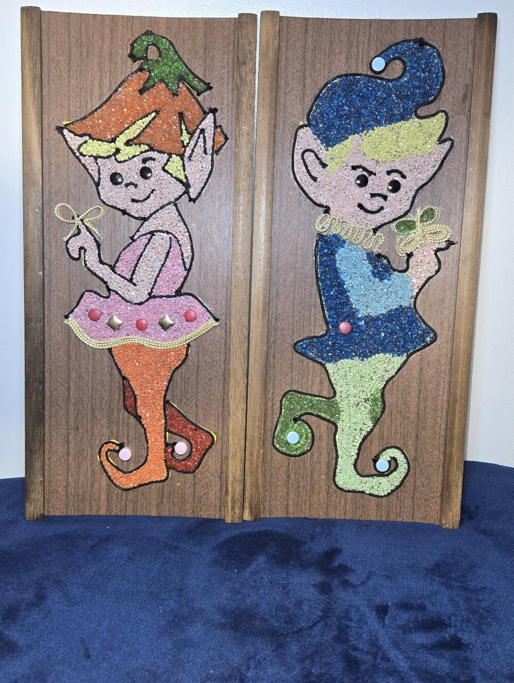 Vintage 1960s Gravel Art Wall Hanging Pair MCM Kitschy Pixie Elves Wood Panels
